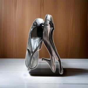 Alfani Slingback Heels 10M Silver Pleated Round Toe Bow Pumps Leather Workwear
